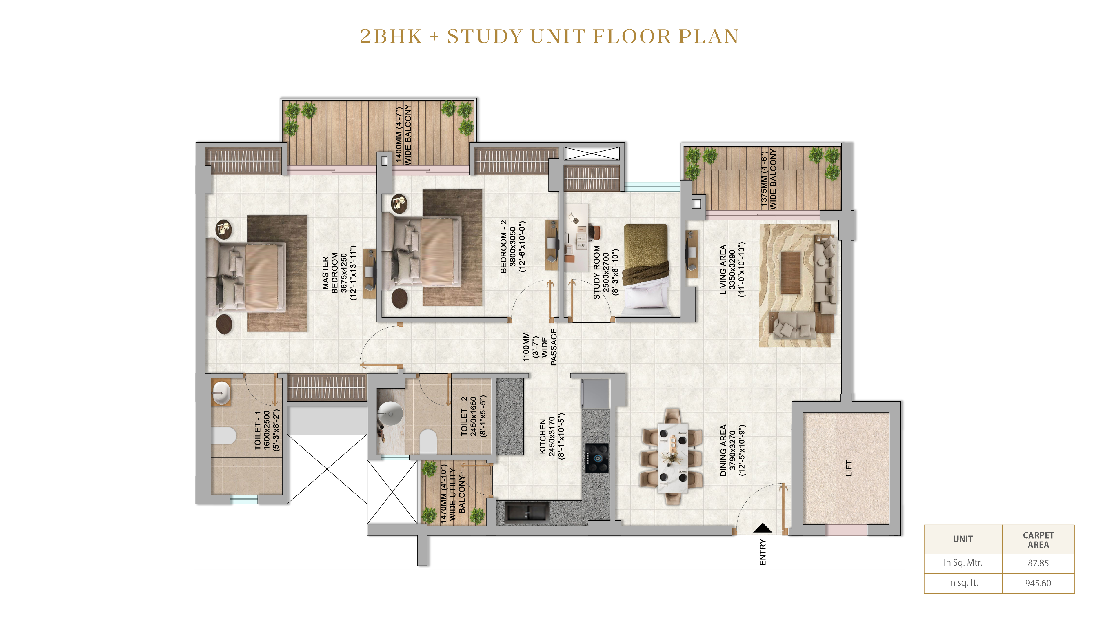2 BHK + Study Floor Plan